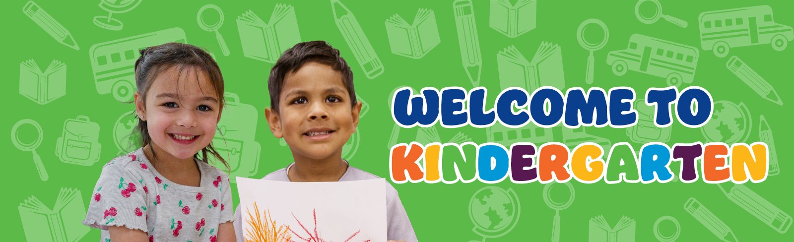 Green Banner with Welcome to Kindergarten text 